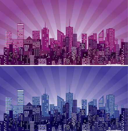 vector abstract cityscape with purple sun burstのイラスト素材