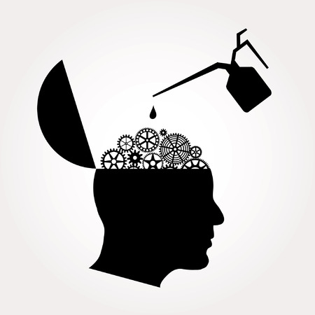 symbolic illustration with open gears brain and oil canのイラスト素材