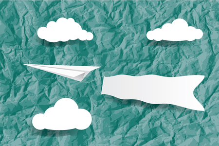 vector illustration of the paper plane with banner on the wrinkly paper background with cloudsのイラスト素材