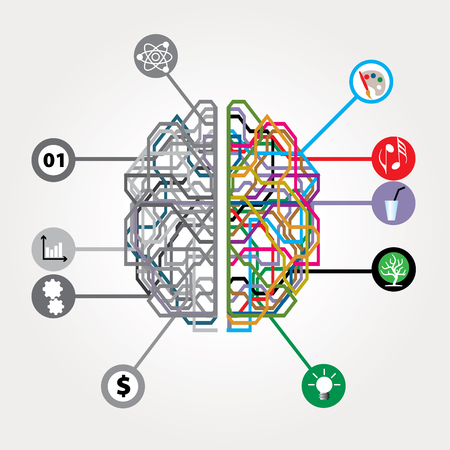 abstract digital brain with left and right human brain hemispheresのイラスト素材