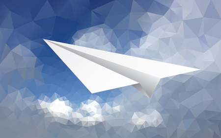 vector abstract background with paper plane over low poly cloudy skyのイラスト素材