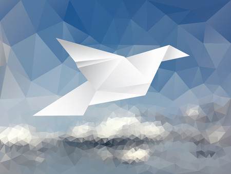 vector illustration with paper dove on paper sky, low polyのイラスト素材