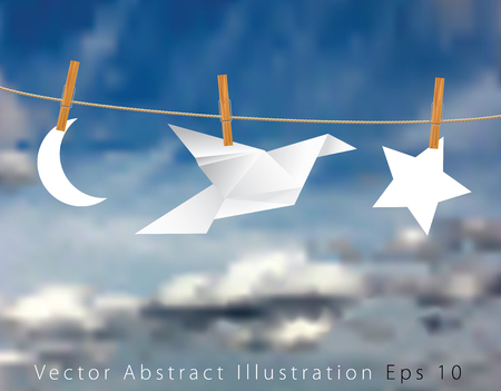 vector original symbolic abstract illustration with moon, bird and star on ropeのイラスト素材