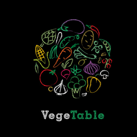hand drawn collection of vegetables on blackboard with chalkのイラスト素材