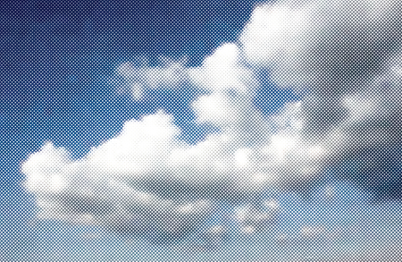 illustration with clouds on sky, dotted halftone raster backgroundのイラスト素材