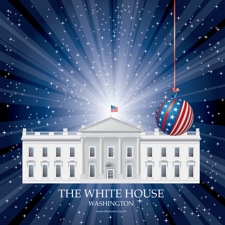 detailed drawing of the White house facade on blue burst background with stars, Christmas patriotic ball, USA flag, editable and layeredのイラスト素材
