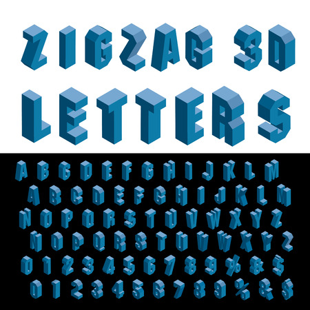 3D zig zag isometric blue alphabet, grouped and editableのイラスト素材