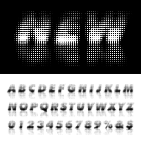 vector dotted alphabet with reflection, halftone black and white illustrationのイラスト素材