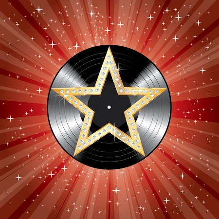 vector blank red LP vinyl record on backgtound with red starburst and golden star with diamonds, layered and editableのイラスト素材