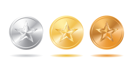 Golden, silver and bronze medal, champions medallions with star or money coins with starのイラスト素材