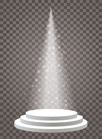 Empty vector white pedestal on transparent background. Template for product presentation with spotlight and starsのイラスト素材