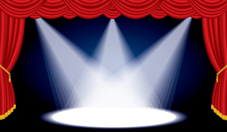 Opened stage with red curtain and three spotlights, vector background illustrationのイラスト素材
