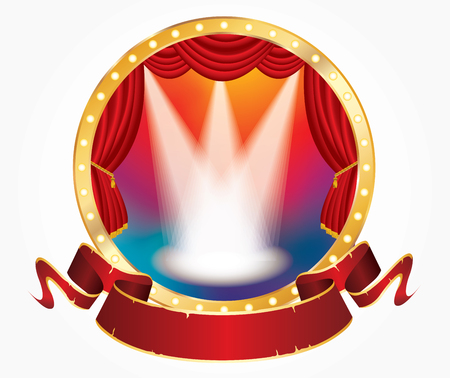 vector circle stage with red curtain, golden frame, bulb lamps and blank red banner on rainbow background, show business templateのイラスト素材
