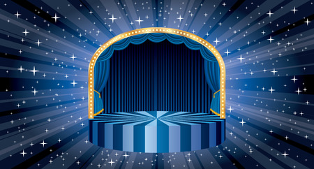 A vector blue circle circus stage with bulb lamps and star burst in background, entertainment and show business templateのイラスト素材