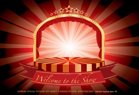 vector circle circus stage with bulb lamps and banner, entertainment and show business backgroundのイラスト素材