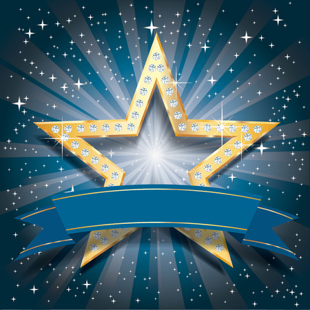 vector golden star with diamonds and blank blue banner tape on starburst in blue colorsのイラスト素材
