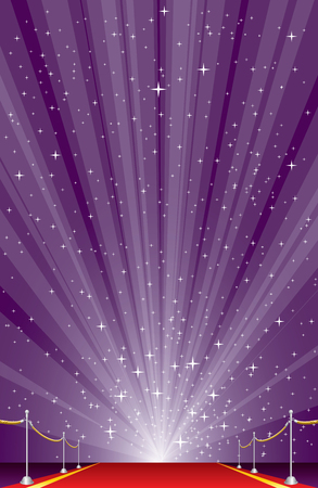 Vector illustration with red carpet and purple star burst, vertical show business background, layered and editable.のイラスト素材