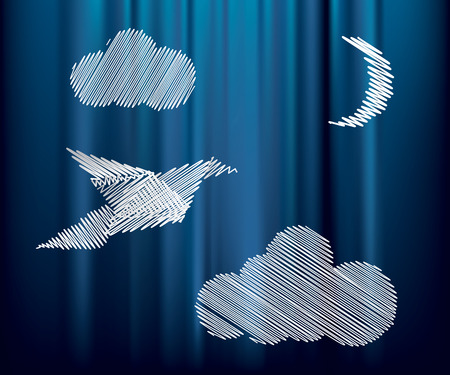 A doodle dove, clouds and moon on blurry blue background, vector editable illustrationのイラスト素材