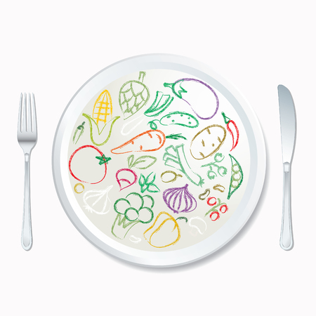 vector doodle hand drawn collection of vegetables on white plateのイラスト素材
