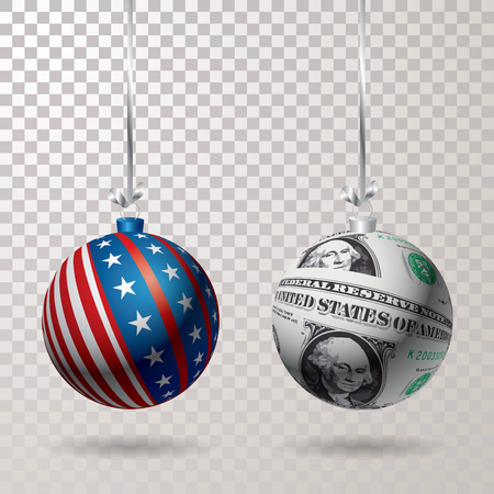Christmas ball with dollar and USA flag texture, vector elements for  Christmas salesのイラスト素材