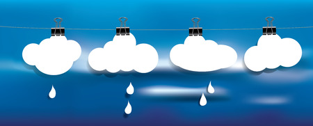 paper clouds on clothesline with metal office clips, abstract vector illustrationのイラスト素材