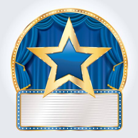 golden blue star on circus stage with blank billboard, blue commercial success iconのイラスト素材