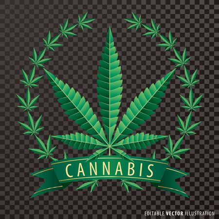 Cannabis marijuana hemp leaf flat icon with wreath and green bannerのイラスト素材
