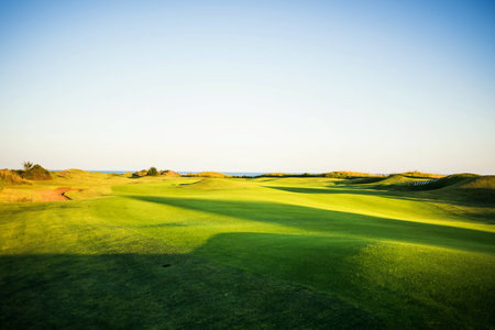 Beautiful golf course with sand traps and sea in the background at sunsetの写真素材