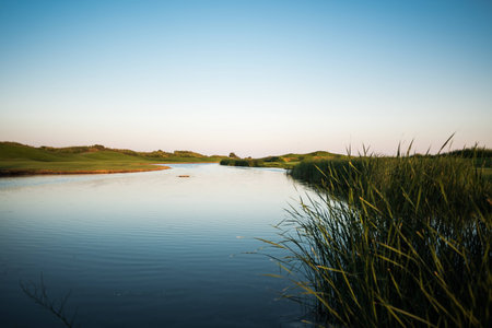 Lake hazard at the golf course at sunsetの写真素材