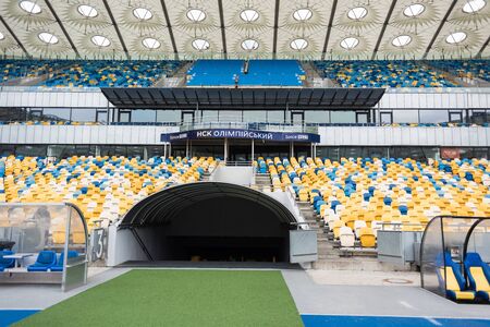 Kyiv, Ukraine - October 15, 2016. Olimpic Stadium NSC Olimpiyskiy. Players entrance to the field, seats for President and VIP guests. Total capacity 70,050 seats Architector Yuri Sereginのeditorial素材