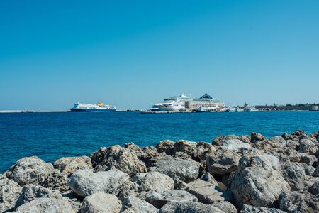 Cruise liners in the port of Rhodes Island, Greece. Crossing of the Aegean and Mediterranean Seas.の写真素材