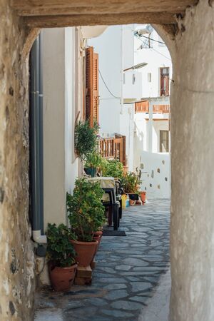 Tight street paved with stones with plants and flowers at the Nisyros islandの写真素材