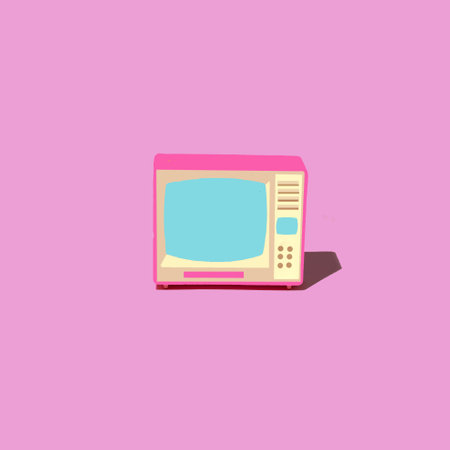 Old television with blue screen and retro buttons and keys for picture and tone adjustment on pink background.の写真素材
