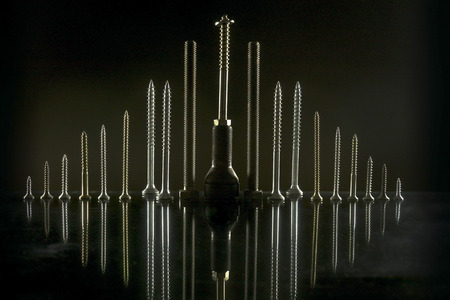 City skyline made of bolts and screwsの写真素材