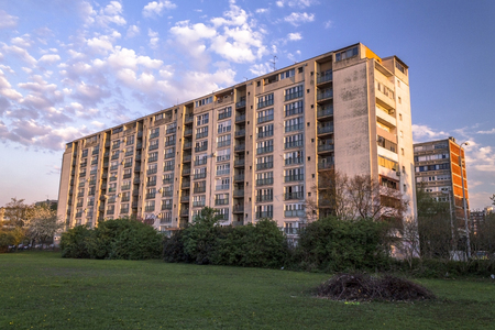 Residential building in Zagreb at sunsetの写真素材