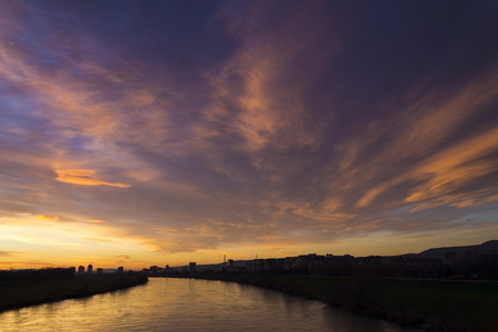 Sunset over river Sava in Zagrebの写真素材