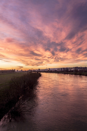 Sunset over river Sava in Zagrebの写真素材
