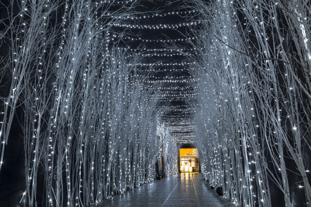 Christmas lights in a passage in Zagrebの写真素材