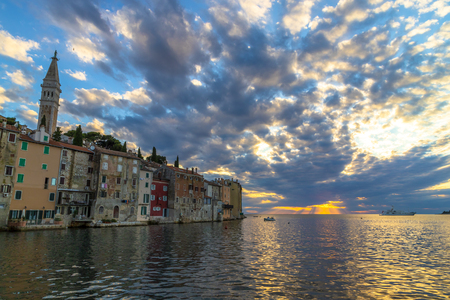 Cityscape of Rovinj town at sunset in Croatiaの写真素材