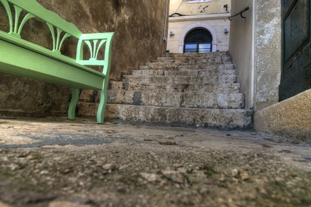 Street and buildings of old town Rovinj in Croatiaの写真素材