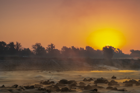 Sunrise over river Sava in zagreb, Croatiaの写真素材