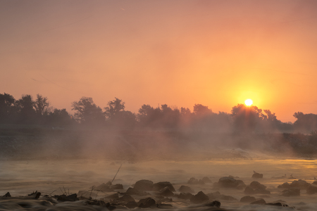 Sunrise over river Sava in zagreb, Croatiaの写真素材