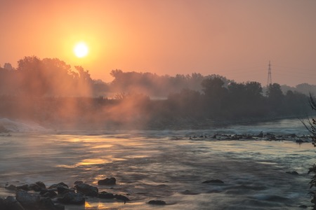 Sunrise over river Sava in zagreb, Croatiaの写真素材