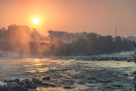 Sunrise over river Sava in zagreb, Croatiaの写真素材