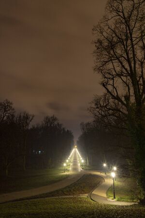 Promenade in Maksimir park at night in Zagreb, Croatiaの写真素材