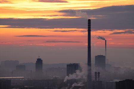Heating plant silhouette at sunrise in Zagreb, Croatiaの写真素材