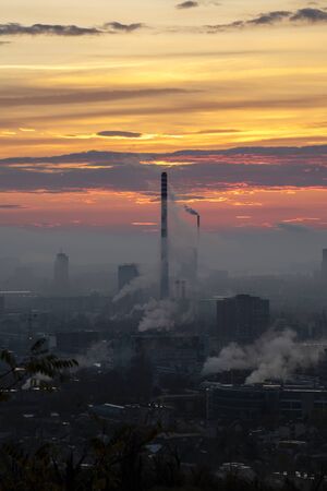 Heating plant silhouette at sunrise in Zagreb, Croatiaの写真素材
