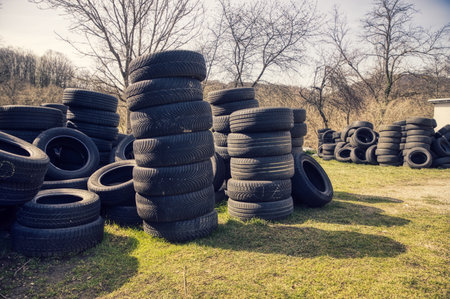 A pile of car tires in the house backyard on a sunny dayの写真素材