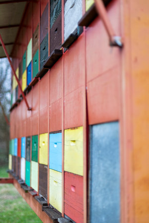A large wooden dwelling of beehives in the fieldの写真素材