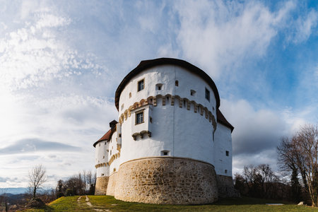 View of Veliki Tabor Castle and its glades in Croatian Zagorje in the autumn seasonの写真素材